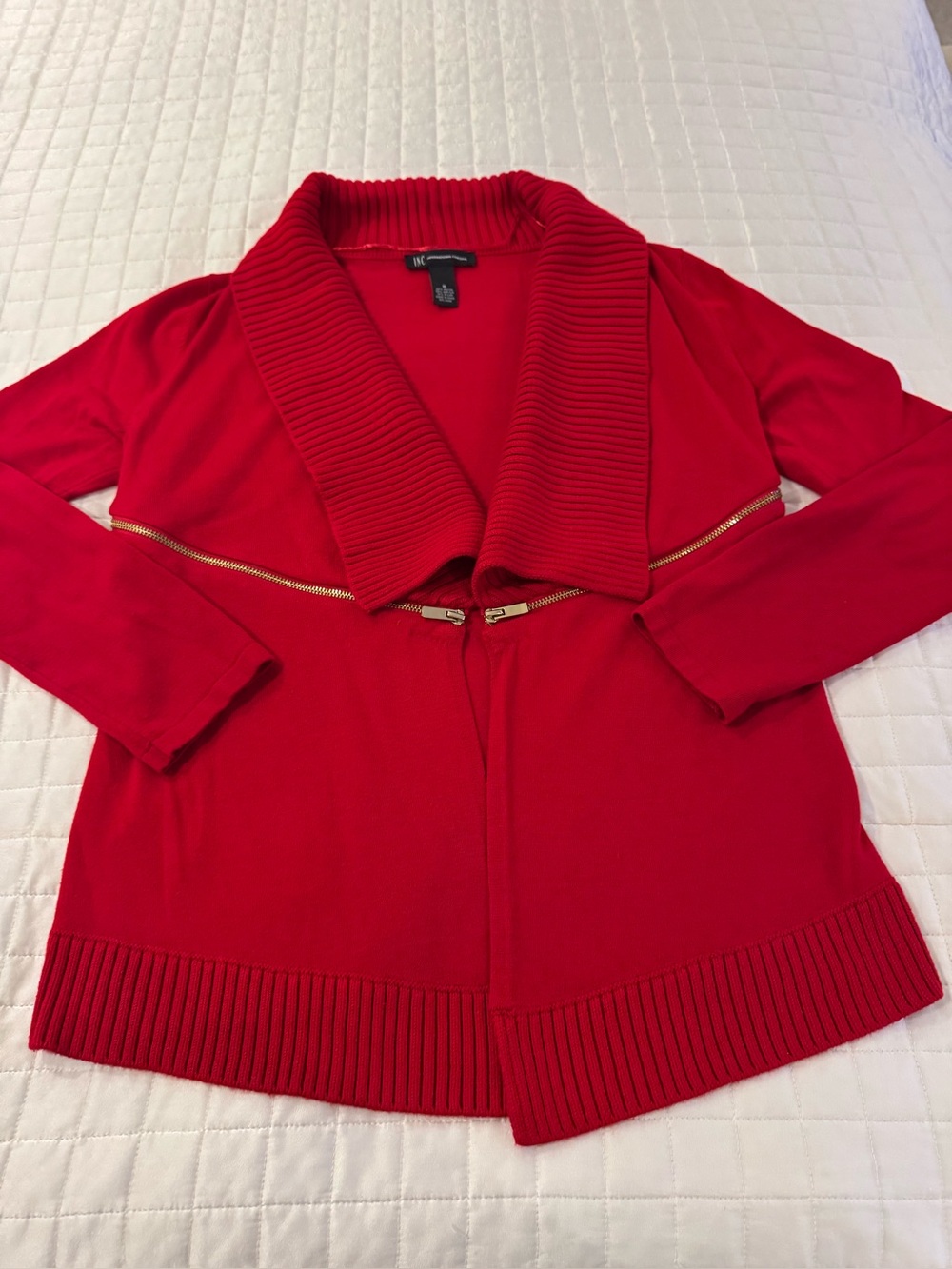 INC  Red Shawl-Like Collar Zip-Detail Sweater